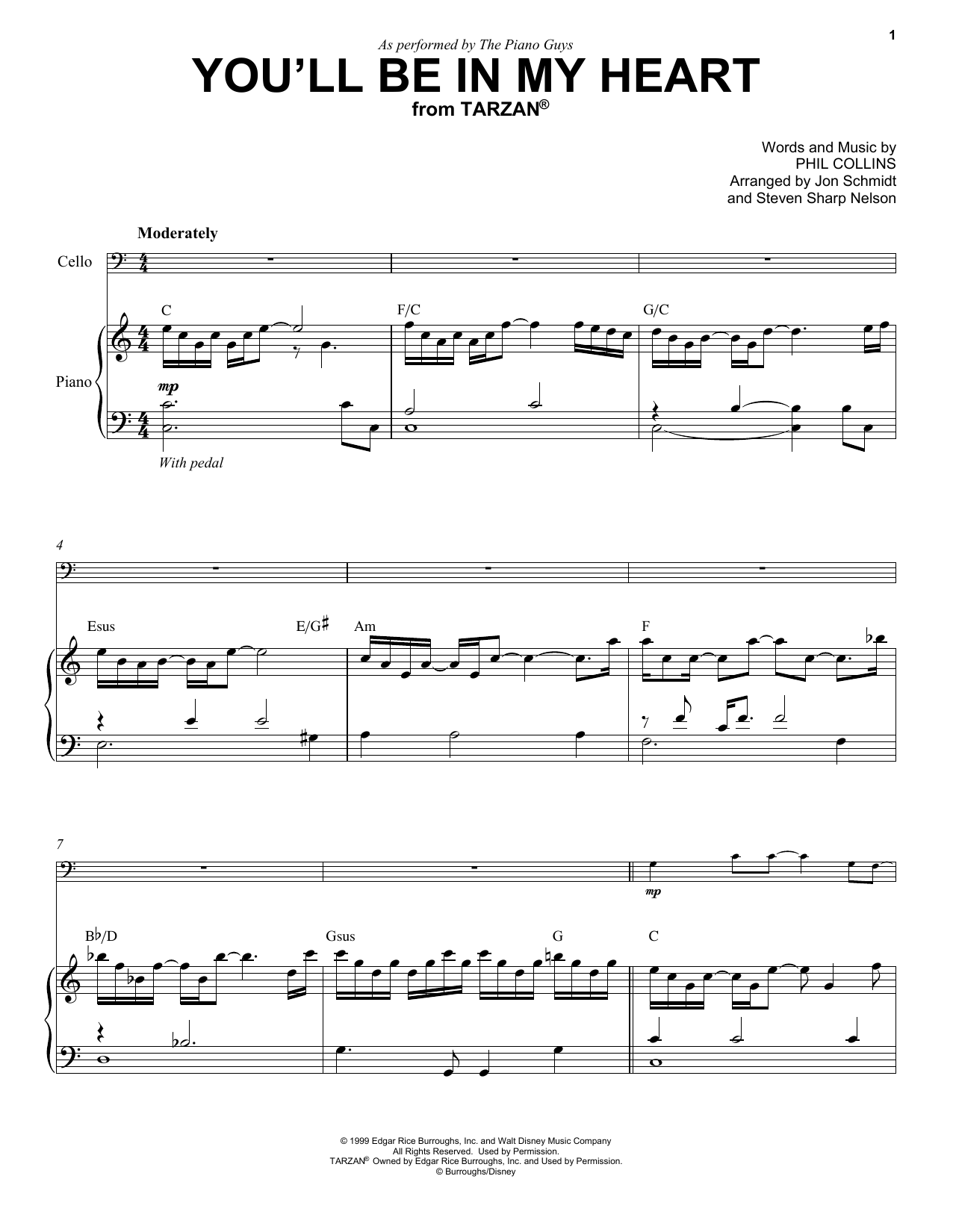The Piano Guys You'll Be In My Heart (from Tarzan) sheet music notes and chords arranged for Cello and Piano