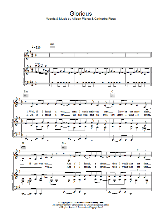 The Pierces Glorious sheet music notes and chords arranged for Piano, Vocal & Guitar Chords
