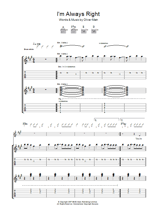 The Pigeon Detectives I'm Always Right sheet music notes and chords arranged for Guitar Tab
