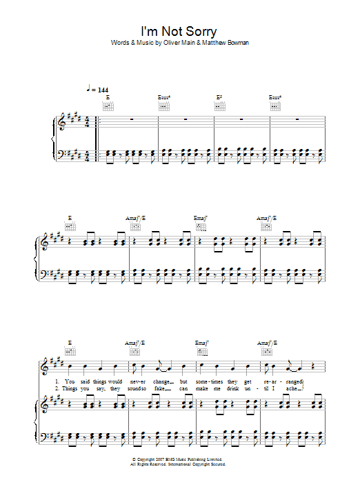 The Pigeon Detectives I'm Not Sorry sheet music notes and chords arranged for Piano, Vocal & Guitar Chords