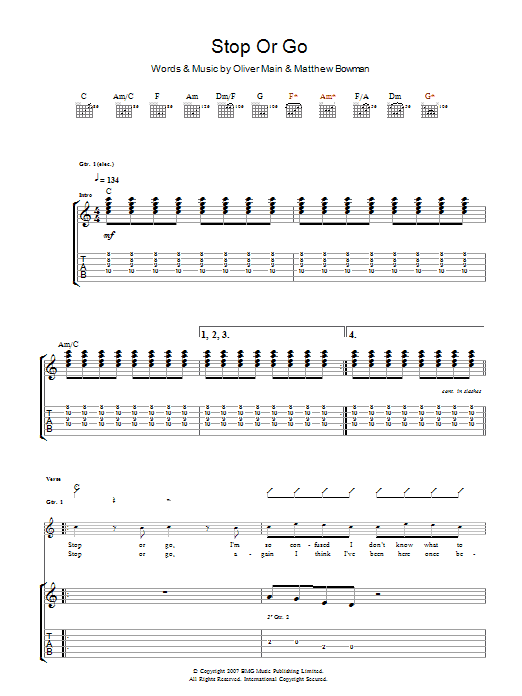 The Pigeon Detectives Stop Or Go sheet music notes and chords arranged for Guitar Tab