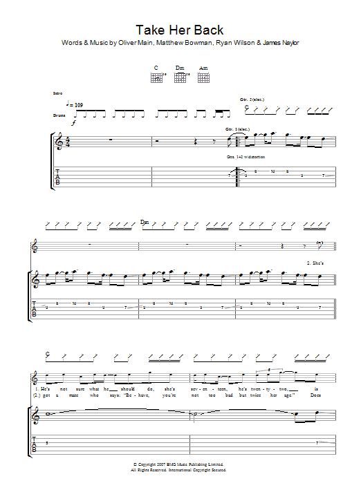 The Pigeon Detectives Take Her Back sheet music notes and chords arranged for Guitar Tab