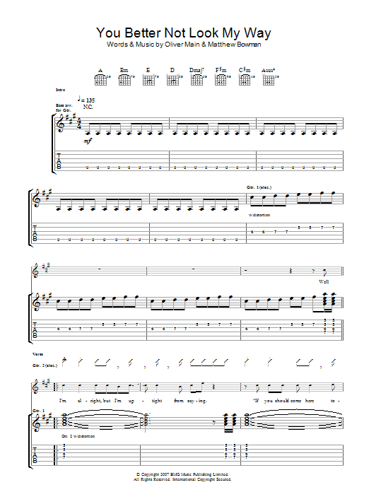The Pigeon Detectives You Better Not Look My Way sheet music notes and chords arranged for Guitar Tab