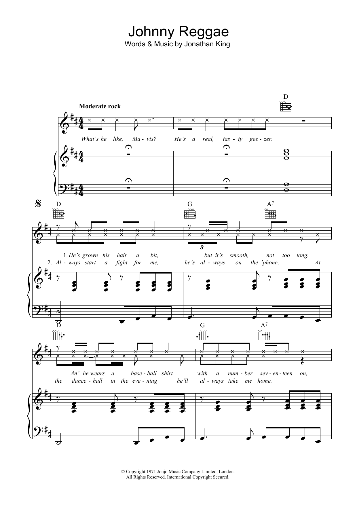The Piglets Johnny Reggae sheet music notes and chords arranged for Piano, Vocal & Guitar Chords