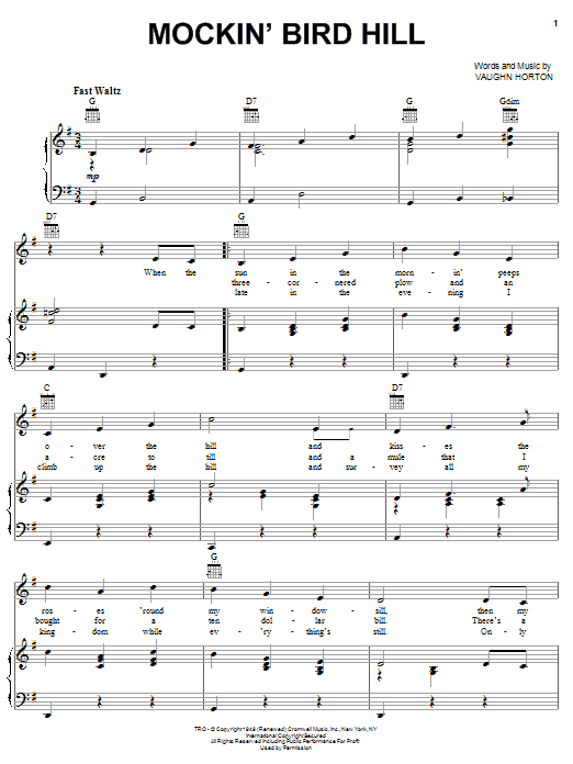 The Pinetoppers Mockin' Bird Hill sheet music notes and chords arranged for Piano, Vocal & Guitar Chords (Right-Hand Melody)