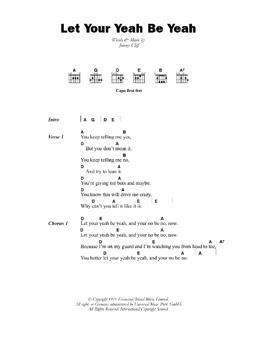 The Pioneers Let Your Yeah Be Yeah sheet music notes and chords arranged for Guitar Chords/Lyrics