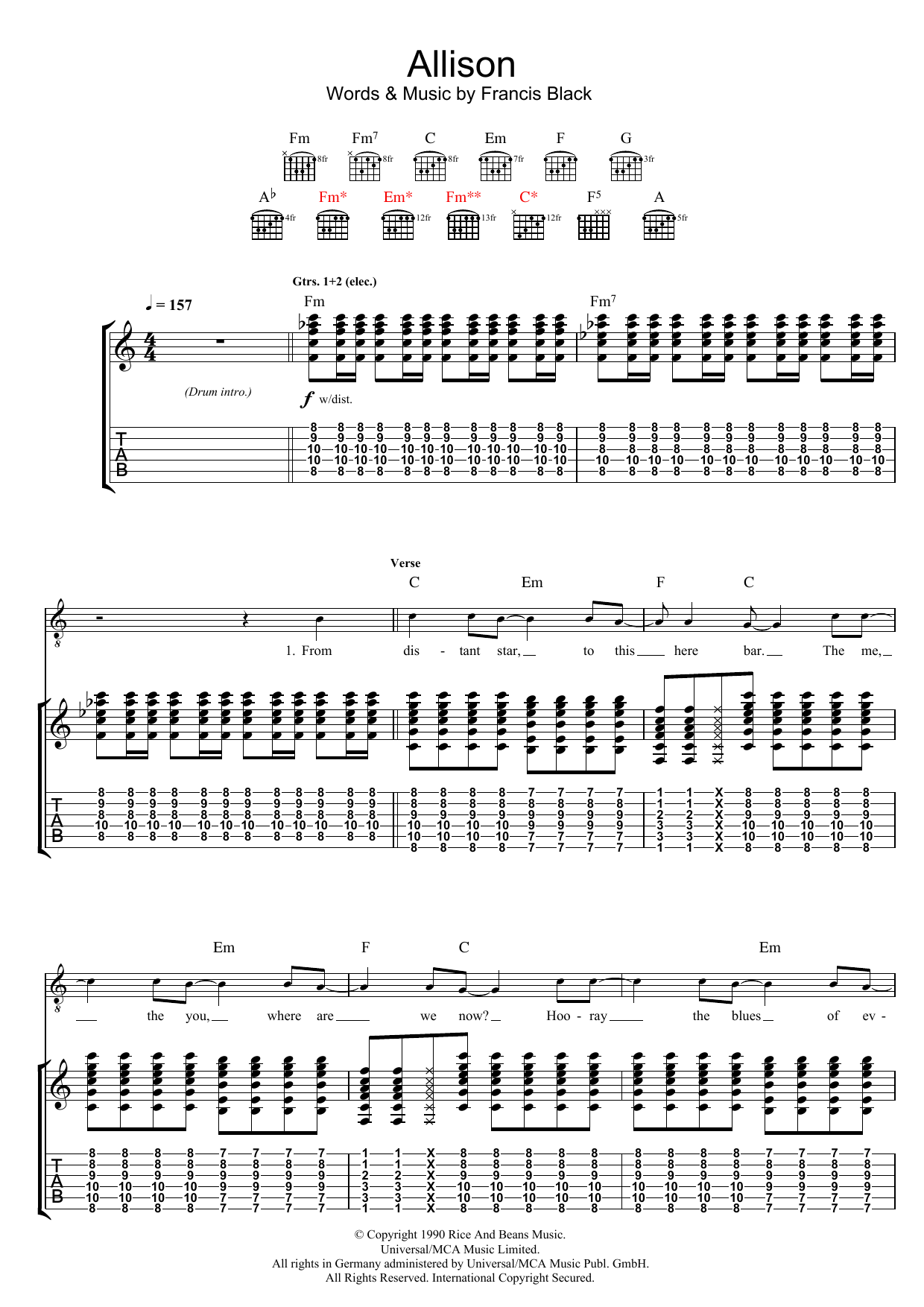 The Pixies Allison sheet music notes and chords arranged for Guitar Tab