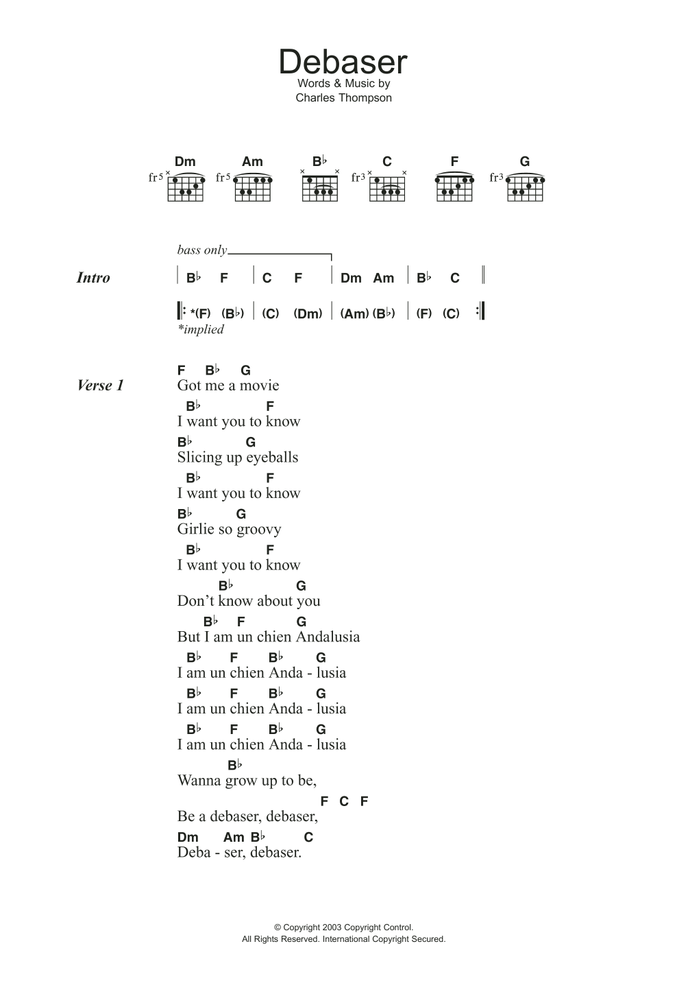 The Pixies Debaser sheet music notes and chords arranged for Guitar Chords/Lyrics
