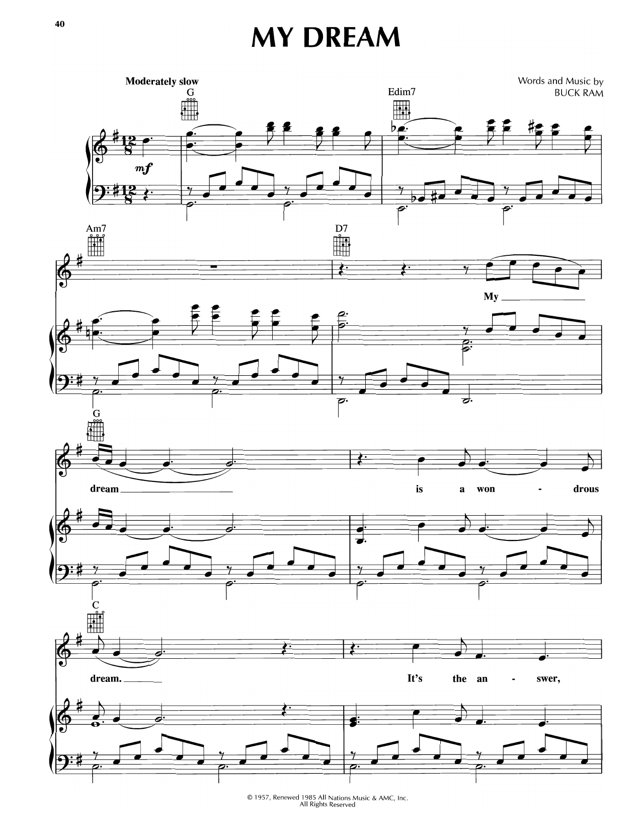 The Platters My Dream sheet music notes and chords arranged for Piano, Vocal & Guitar Chords (Right-Hand Melody)