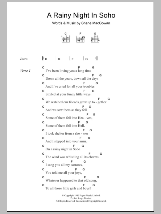 The Pogues A Rainy Night In Soho sheet music notes and chords arranged for Guitar Chords/Lyrics