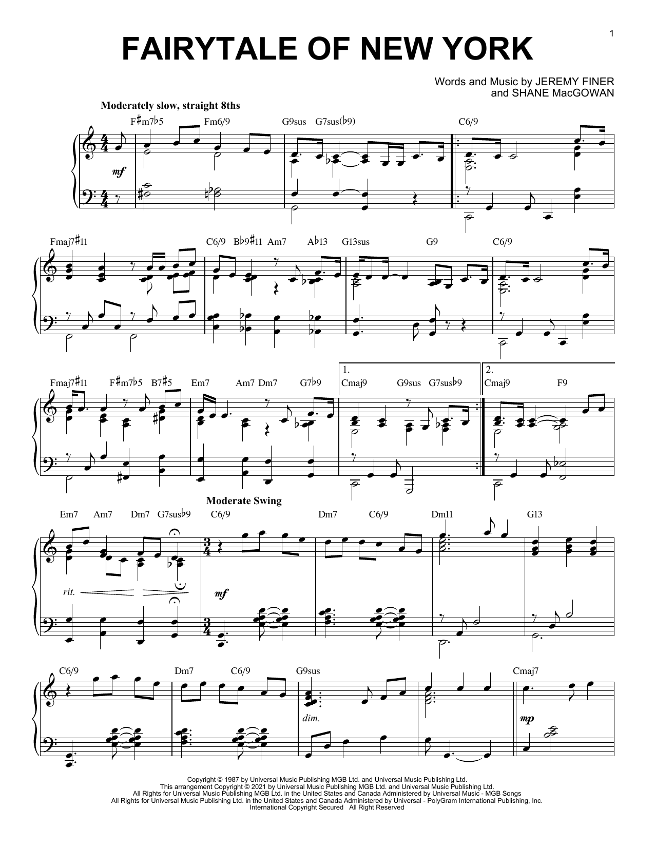 The Pogues featuring Kirsty MacColl Fairytale Of New York [Jazz version] (arr. Brent Edstrom) sheet music notes and chords arranged for Piano Solo