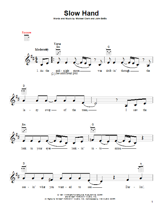 Pointer Sisters Slow Hand sheet music notes and chords arranged for Piano, Vocal & Guitar Chords (Right-Hand Melody)