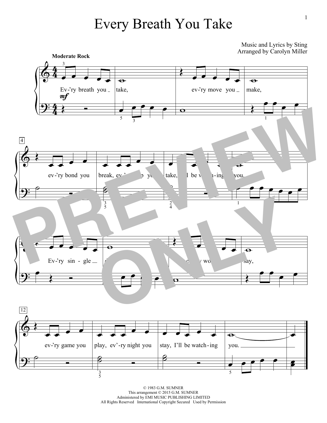 The Police (Arr. Carolyn Miller) Every Breath You Take sheet music notes and chords arranged for Educational Piano