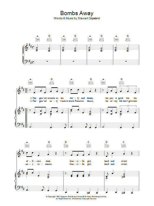 The Police Bombs Away sheet music notes and chords arranged for Piano, Vocal & Guitar Chords