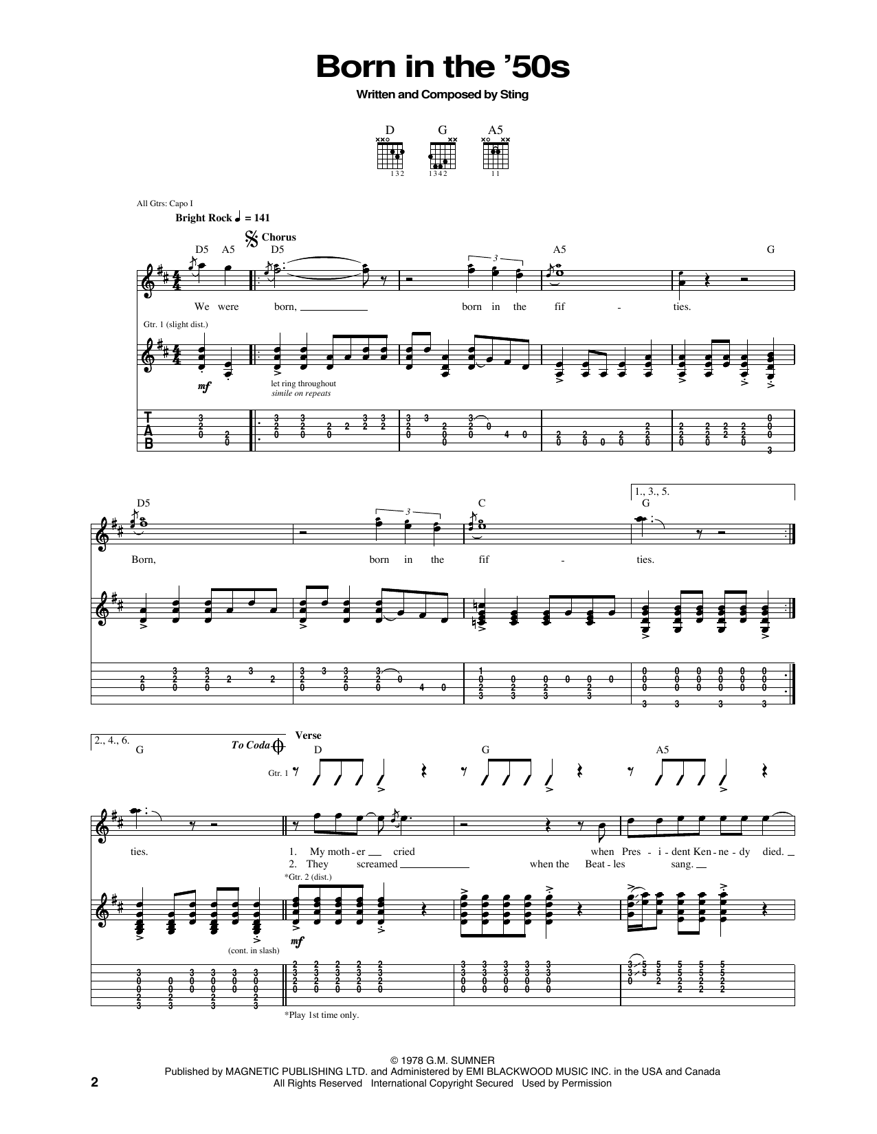 The Police Born In The 50's sheet music notes and chords arranged for Guitar Tab
