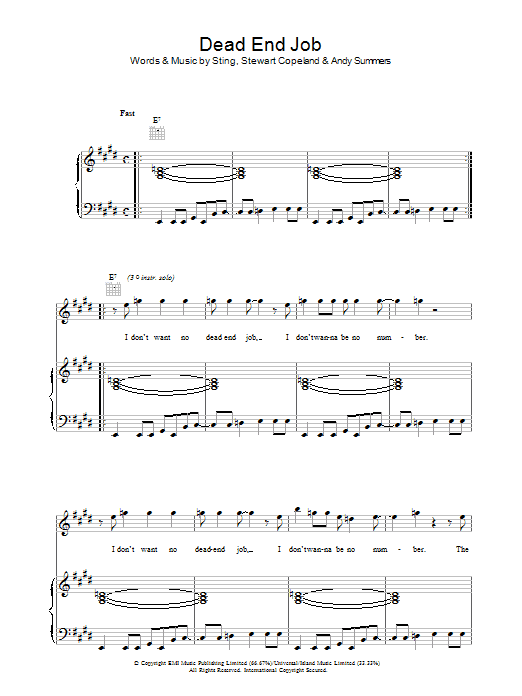 The Police Dead End Job sheet music notes and chords arranged for Piano, Vocal & Guitar Chords