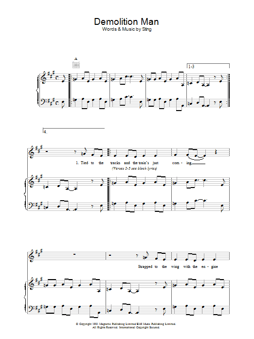 The Police Demolition Man sheet music notes and chords arranged for Piano, Vocal & Guitar Chords