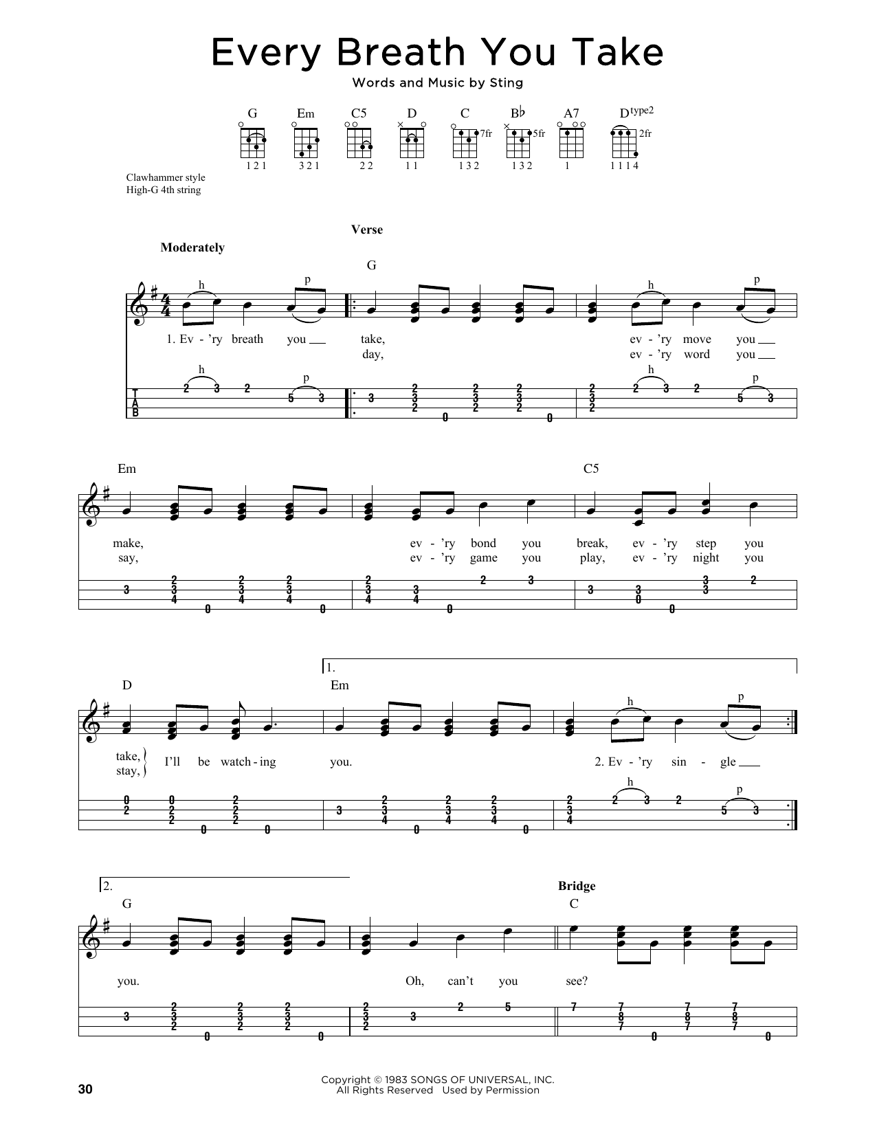 The Police Every Breath You Take (arr. Jim Schustedt) sheet music notes and chords arranged for Ukulele