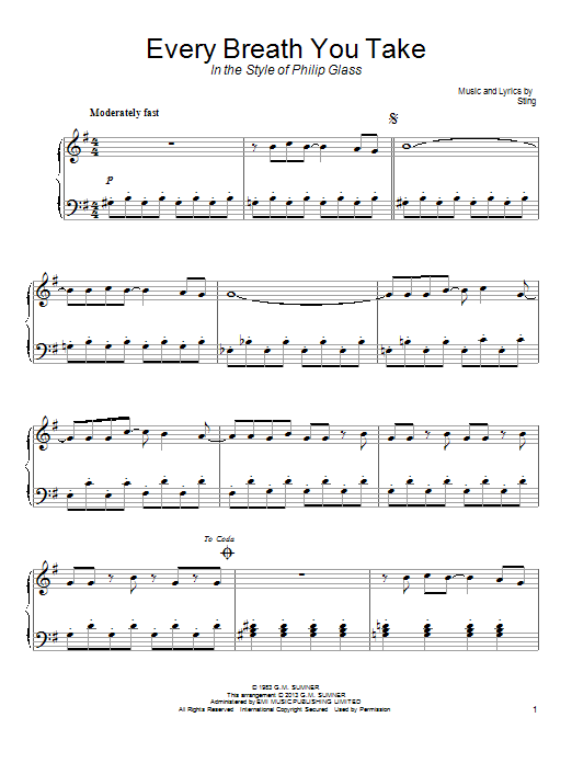 The Police Every Breath You Take (in the style of Philip Glass) sheet music notes and chords arranged for Piano Solo