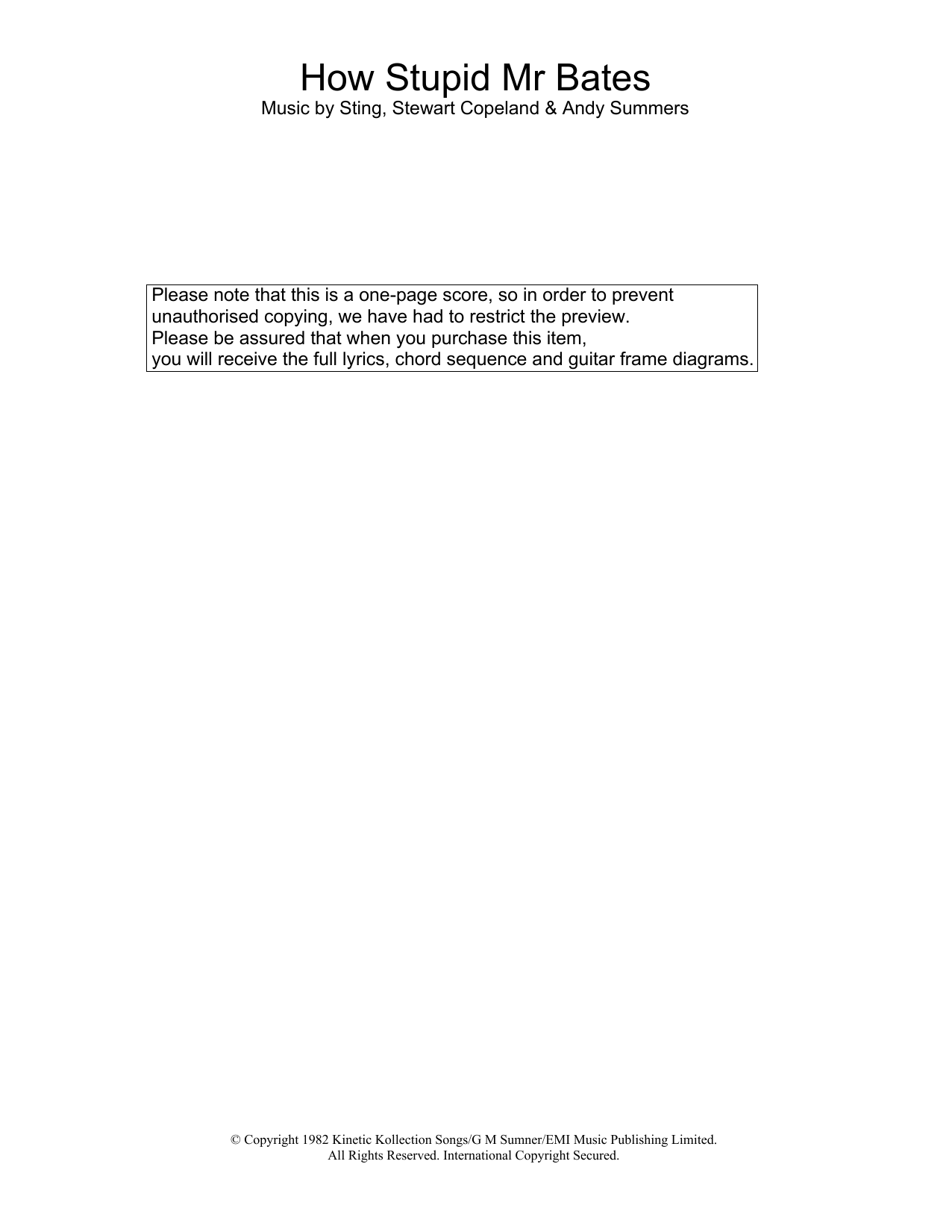The Police How Stupid Mr Bates sheet music notes and chords arranged for Guitar Chords/Lyrics