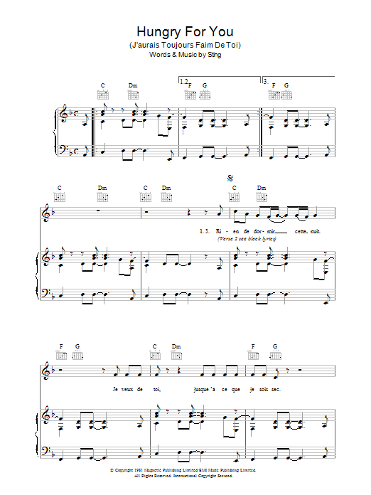 The Police Hungry For You (J'aurais Toujours Faim De Toi) sheet music notes and chords arranged for Piano, Vocal & Guitar Chords