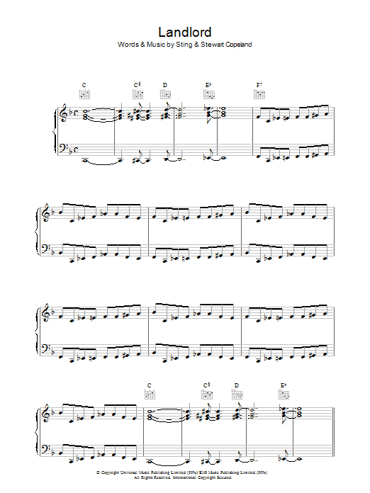 The Police Landlord sheet music notes and chords arranged for Piano, Vocal & Guitar Chords