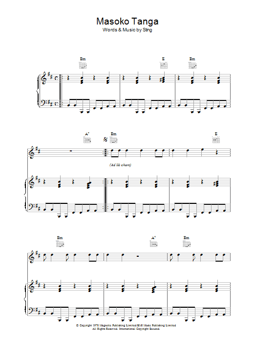The Police Masoko Tanga sheet music notes and chords arranged for Piano, Vocal & Guitar Chords
