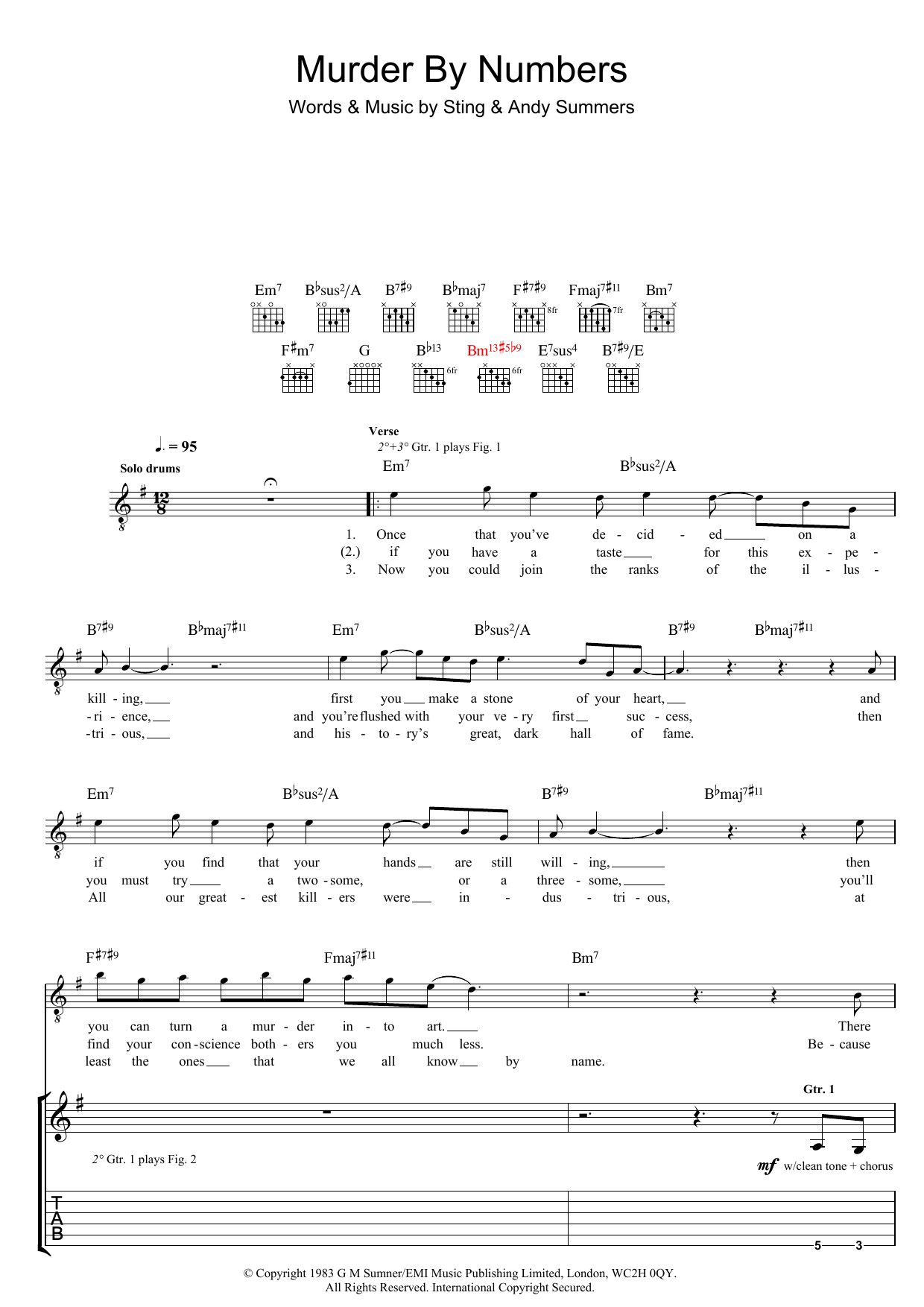The Police Murder By Numbers sheet music notes and chords arranged for Piano, Vocal & Guitar Chords (Right-Hand Melody)