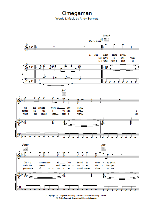 The Police Omegaman sheet music notes and chords arranged for Piano, Vocal & Guitar Chords