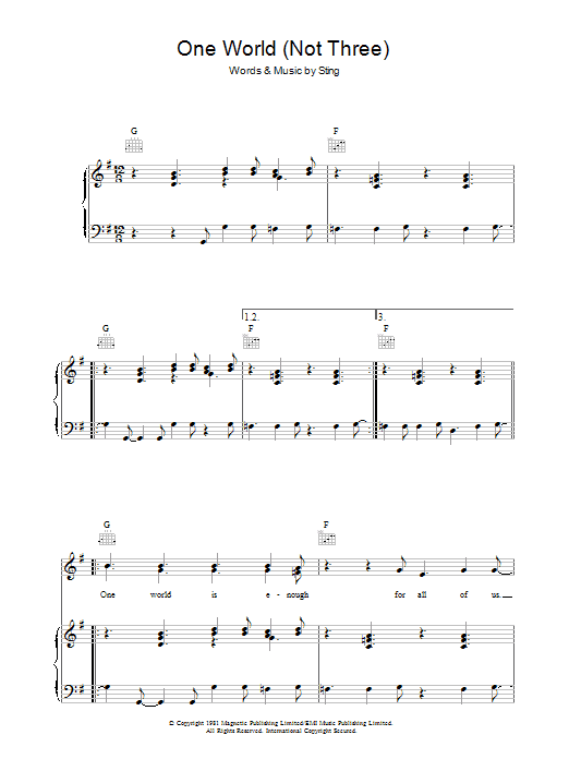 The Police One World (Not Three) sheet music notes and chords arranged for Piano, Vocal & Guitar Chords
