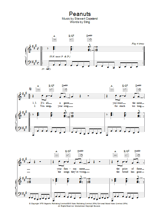 The Police Peanuts sheet music notes and chords arranged for Piano, Vocal & Guitar Chords