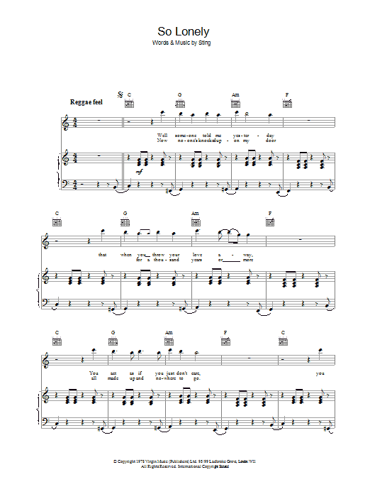 The Police So Lonely sheet music notes and chords arranged for Guitar Chords/Lyrics