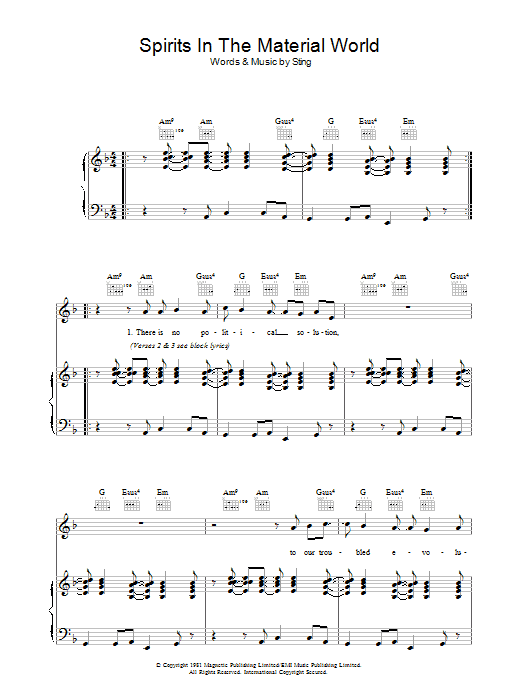 The Police Spirits In The Material World sheet music notes and chords arranged for Piano, Vocal & Guitar Chords