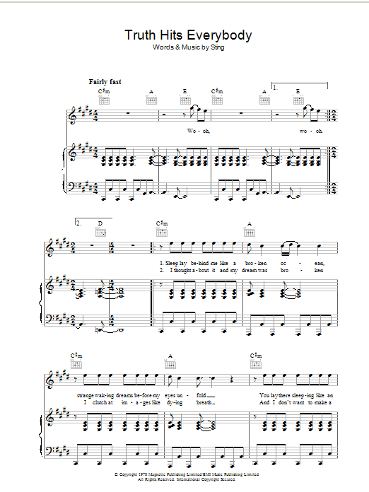 The Police Truth Hits Everybody sheet music notes and chords arranged for Piano, Vocal & Guitar Chords