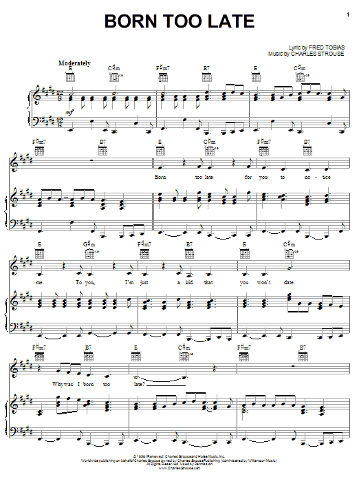 The Poni-Tails Born Too Late sheet music notes and chords arranged for Piano, Vocal & Guitar Chords (Right-Hand Melody)