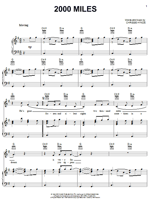 The Pretenders 2000 Miles sheet music notes and chords arranged for Piano, Vocal & Guitar Chords (Right-Hand Melody)