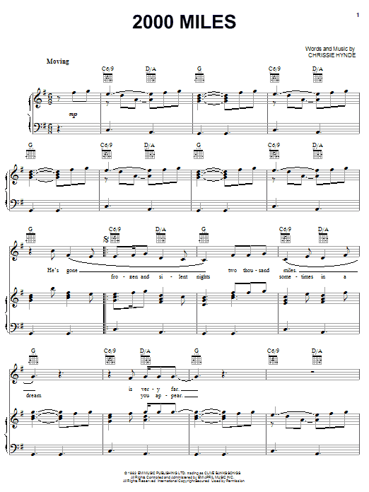 The Pretenders 2000 Miles sheet music notes and chords arranged for Guitar Chords/Lyrics