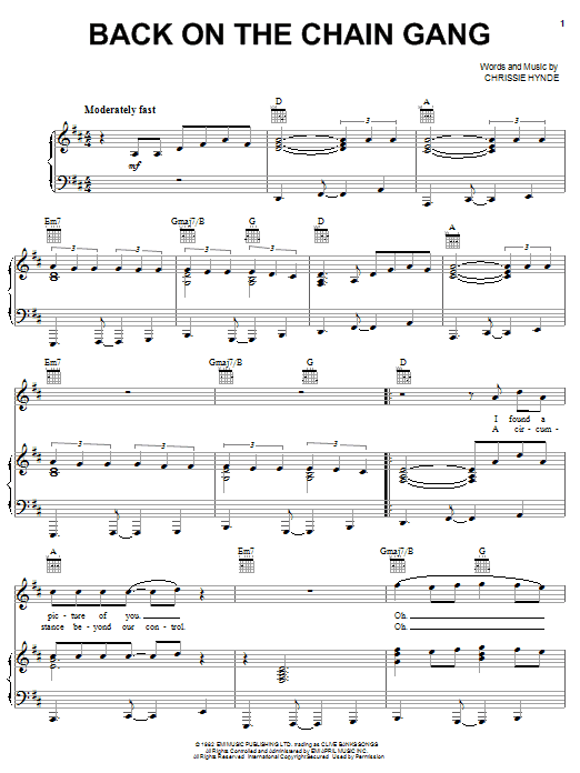 The Pretenders Back On The Chain Gang sheet music notes and chords arranged for Piano, Vocal & Guitar Chords (Right-Hand Melody)
