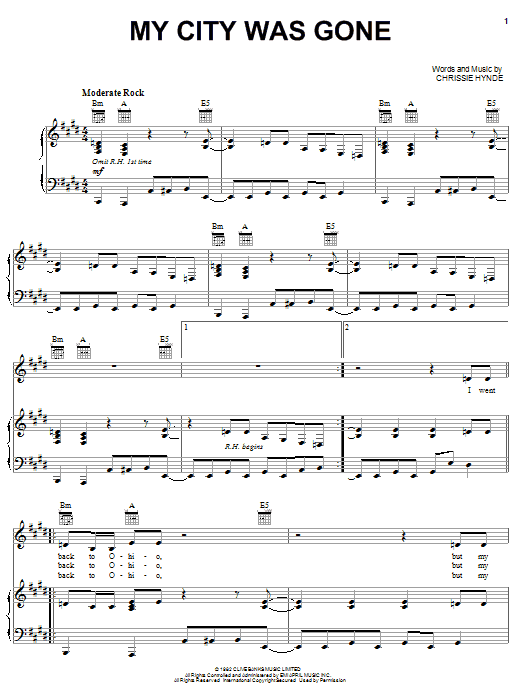 The Pretenders My City Was Gone sheet music notes and chords arranged for Piano, Vocal & Guitar Chords (Right-Hand Melody)
