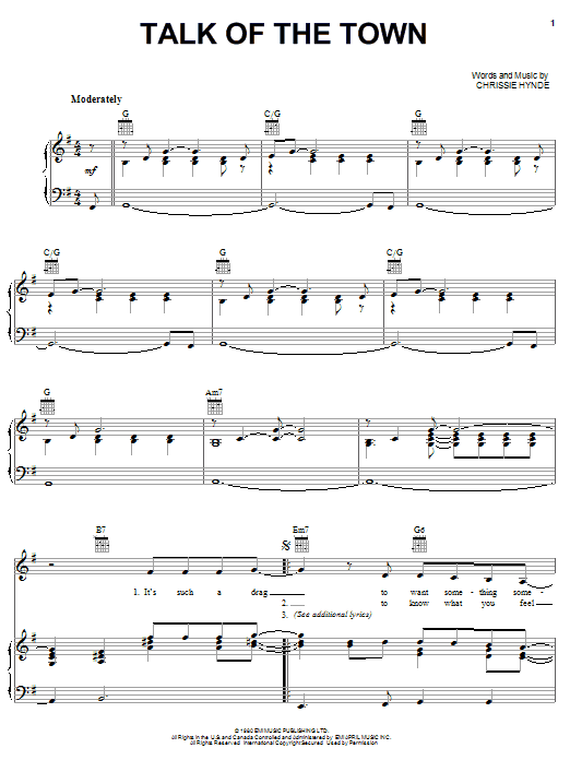 The Pretenders Talk Of The Town sheet music notes and chords arranged for Piano, Vocal & Guitar Chords (Right-Hand Melody)
