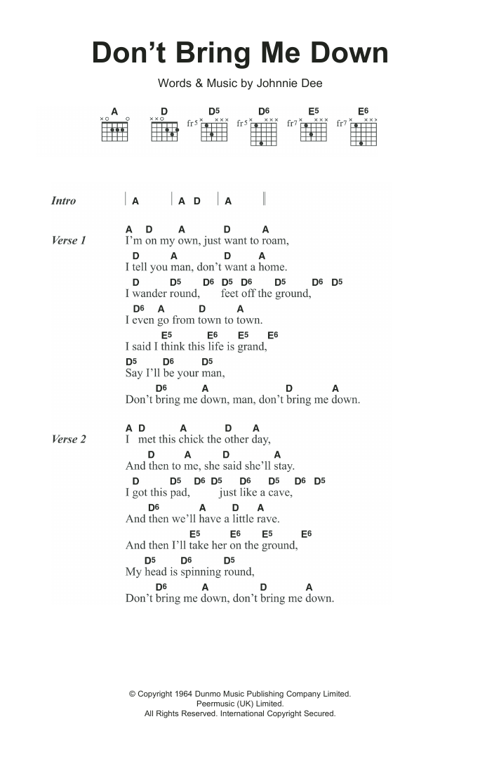 The Pretty Things Don't Bring Me Down sheet music notes and chords arranged for Guitar Chords/Lyrics