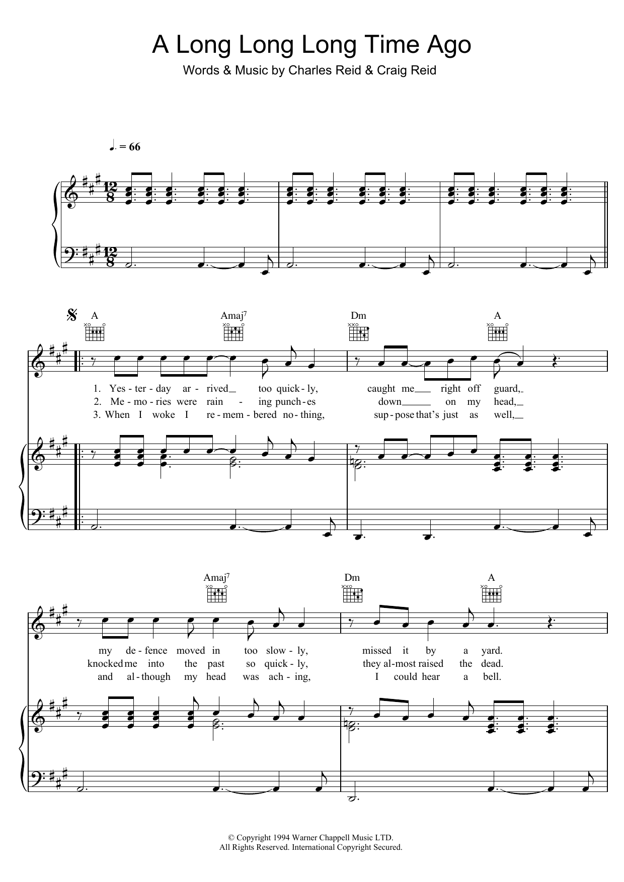 The Proclaimers A Long Long Long Time Ago sheet music notes and chords arranged for Piano, Vocal & Guitar Chords