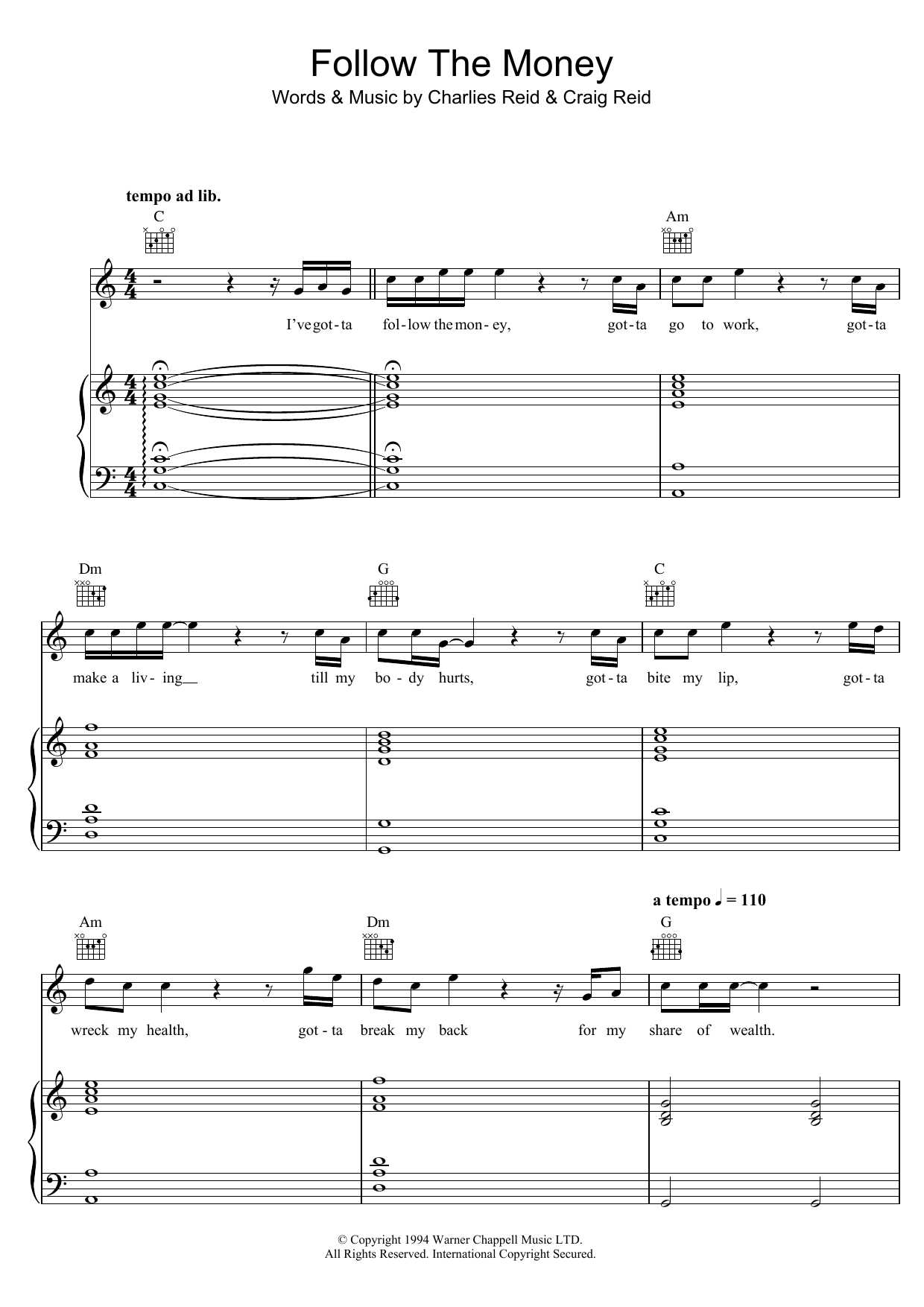 The Proclaimers Follow The Money sheet music notes and chords arranged for Piano, Vocal & Guitar Chords
