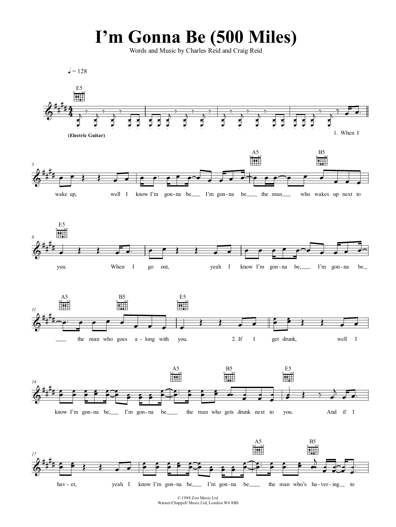 The Proclaimers I'm Gonna Be (500 Miles) sheet music notes and chords arranged for Piano, Vocal & Guitar Chords