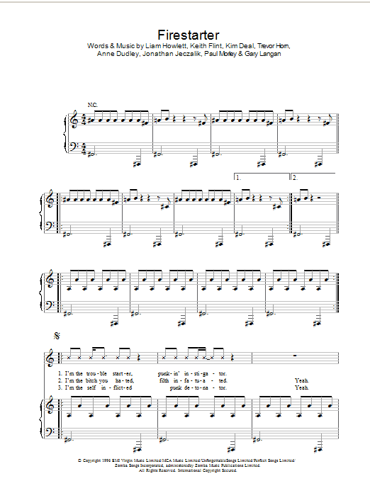 The Prodigy Firestarter sheet music notes and chords arranged for Piano, Vocal & Guitar Chords