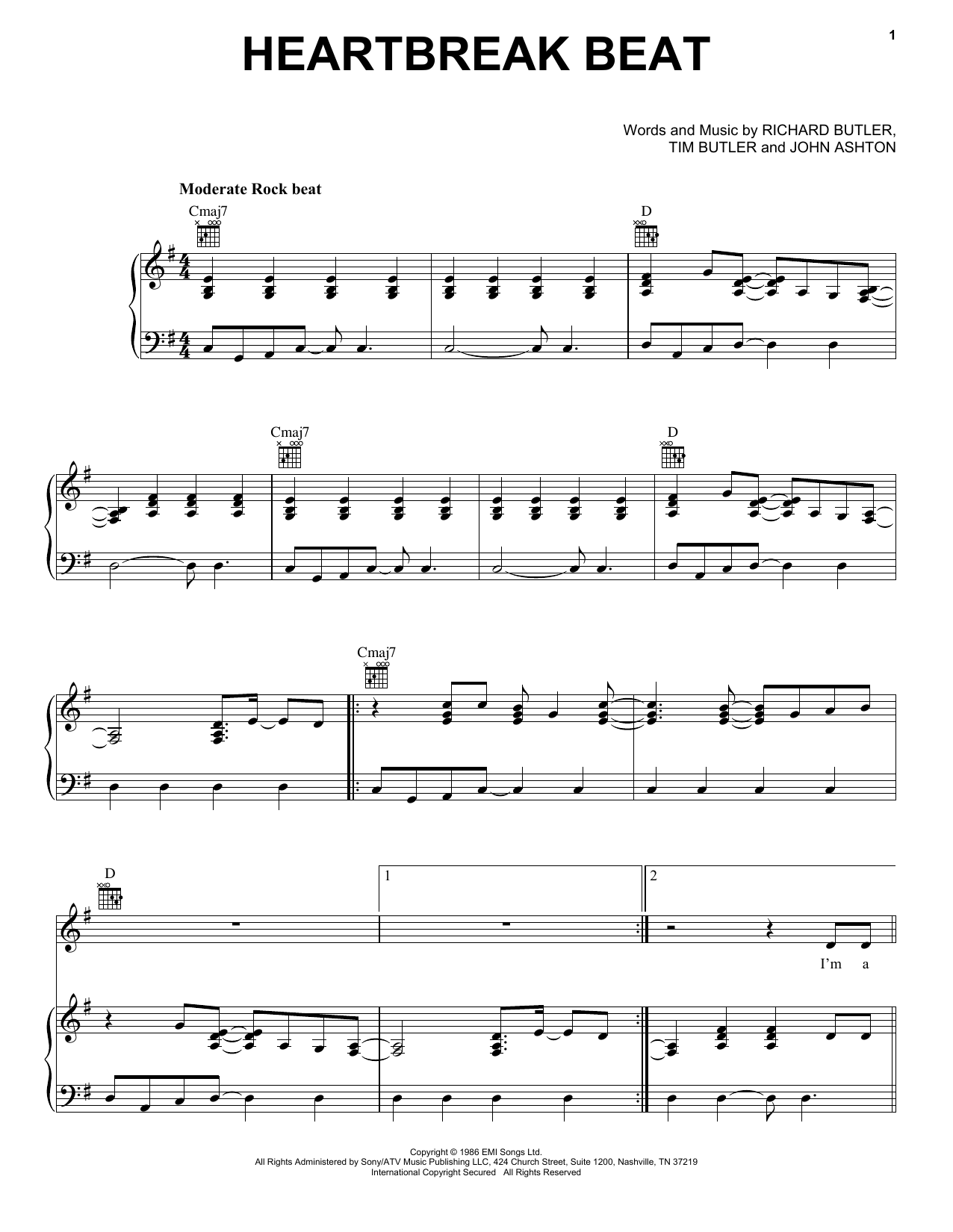 The Psychedelic Furs Heartbreak Beat sheet music notes and chords arranged for Piano, Vocal & Guitar Chords (Right-Hand Melody)
