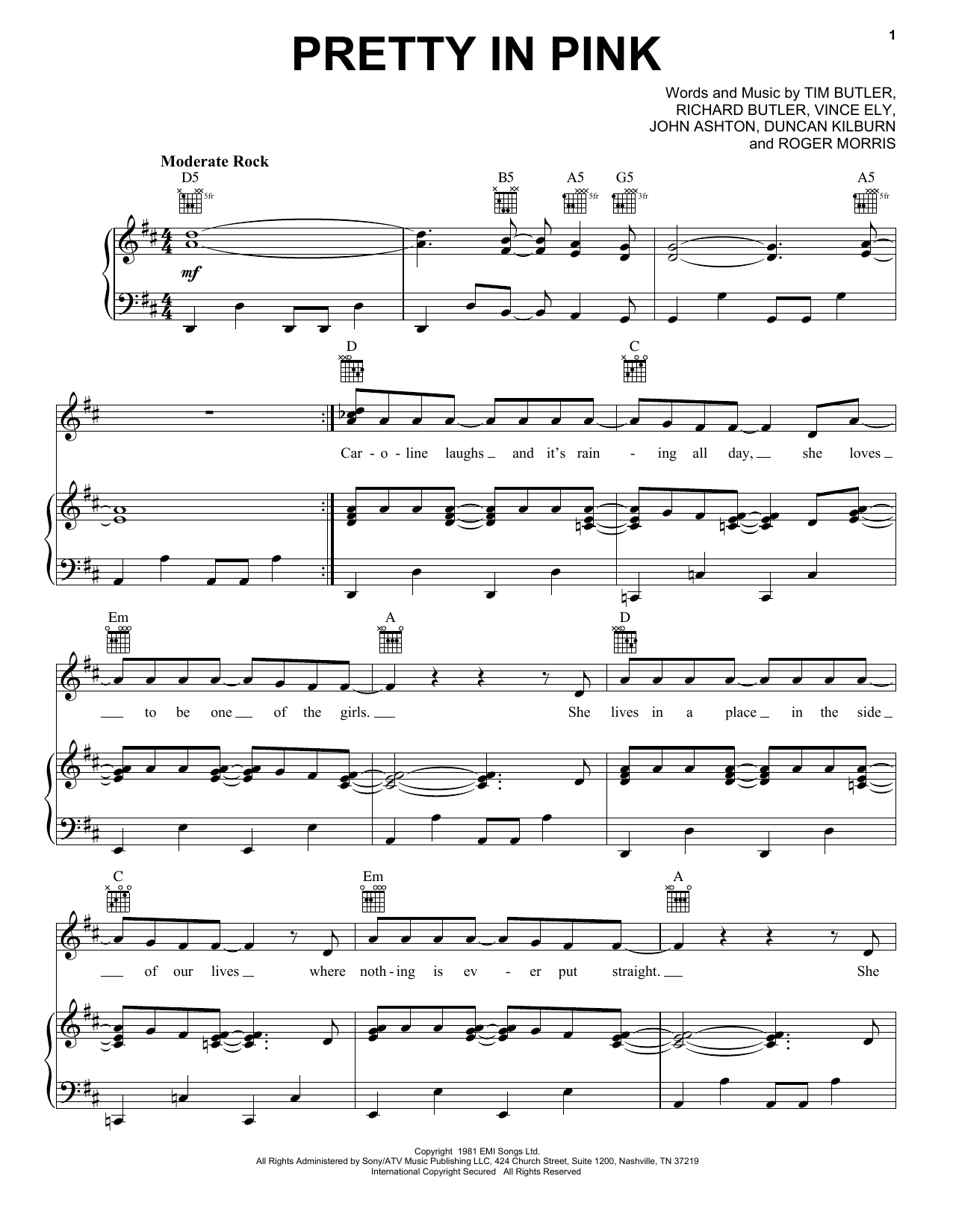 The Psychedelic Furs Pretty In Pink sheet music notes and chords arranged for Piano, Vocal & Guitar Chords (Right-Hand Melody)