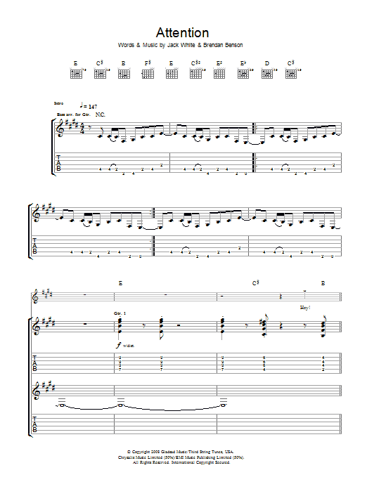 The Raconteurs Attention sheet music notes and chords arranged for Guitar Tab