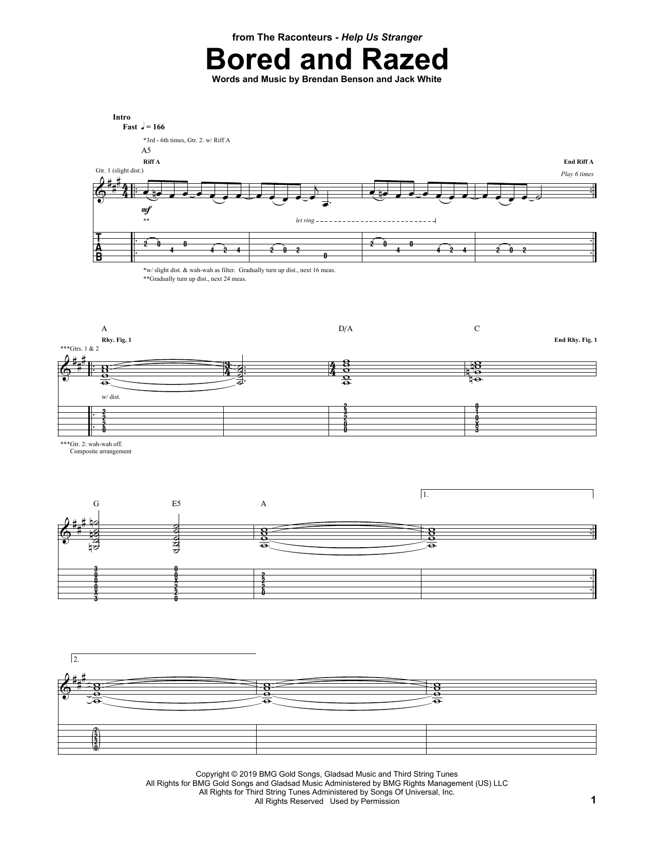 The Raconteurs Bored And Razed sheet music notes and chords arranged for Guitar Tab