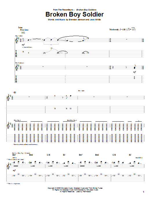 The Raconteurs Broken Boy Soldier sheet music notes and chords arranged for Guitar Chords/Lyrics
